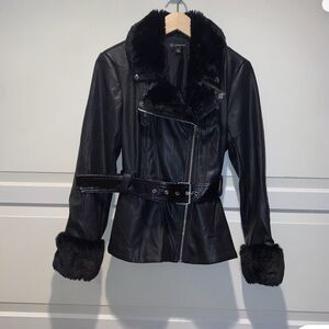 INC International Concepts faux leather fur collar belted moto jacket